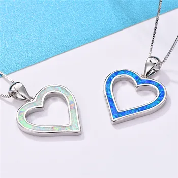 

Cute Boho Female Big Heart Pendants Necklaces Fashion Silver Color White Blue Opal Necklaces For Women Vintage Jewelry