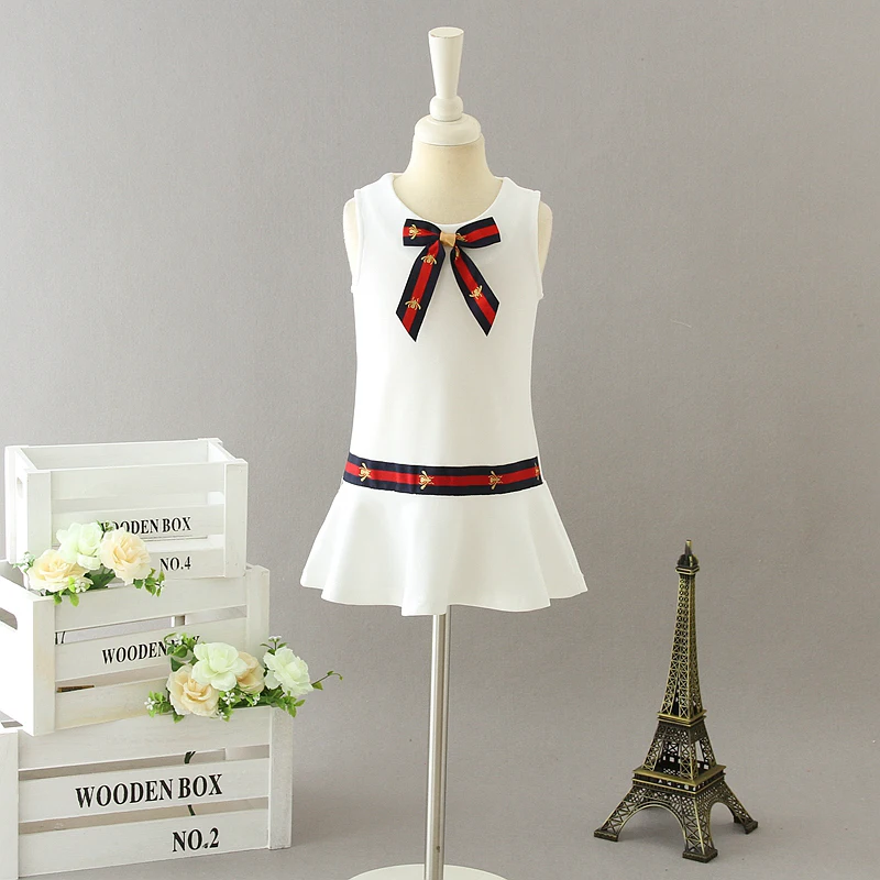 

2019 Children Girls Cotton Bee Bow White Dresses, Princess Kids Brand Dress , 5 pcs/lot, Wholesale