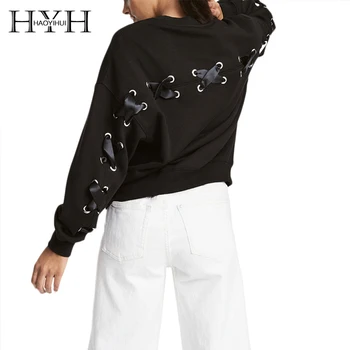 

HYH HAOYIHUI Women O-neck Sweatshirts Solid Back Cross Lacing Long Sleeve Preppy Loose Autumn Tops for Femal