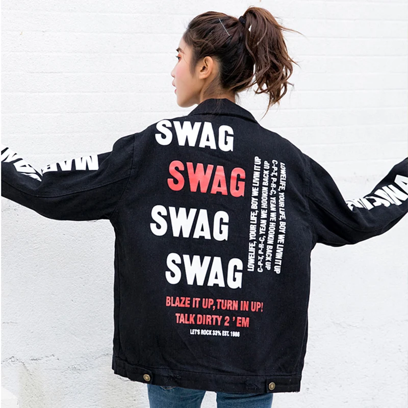 Women Jeans Jacket Swag Denim Jacket Harajuku Women Swag Print Hip Hop