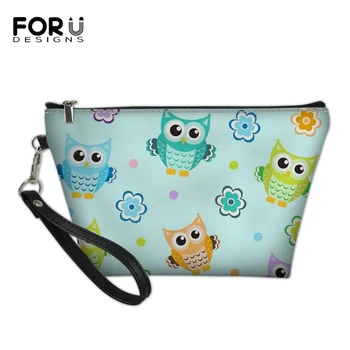 

FORUDESIGNS Women Beautician Case Cartoon Owl Print Pattern Comestic Bags PU Leather Travel Toiletry Pockets Lady Beauty Case