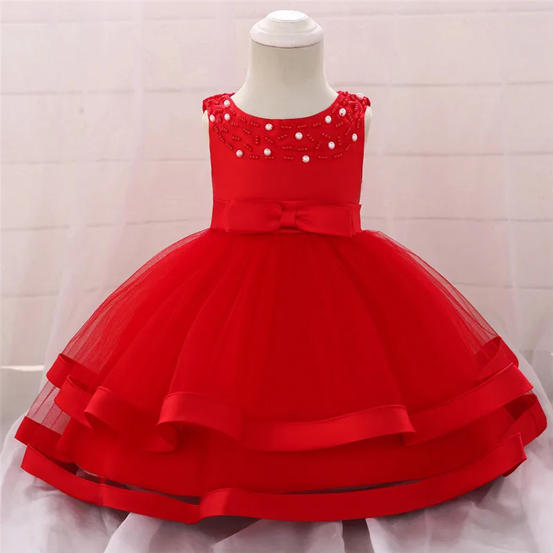 Платья для малышей, Украшенные бусинами, с цветами, для девочек 1 года, платье на день рождения, праздничное платье, крещение новорожденных, платье для малышей, летнее платье для девочек - Цвет: Красный