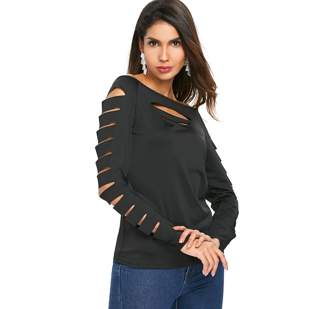 Wipalo Cut Out Sleeve Boat Neck Plain T Shirt Solid Black T Shirt Top