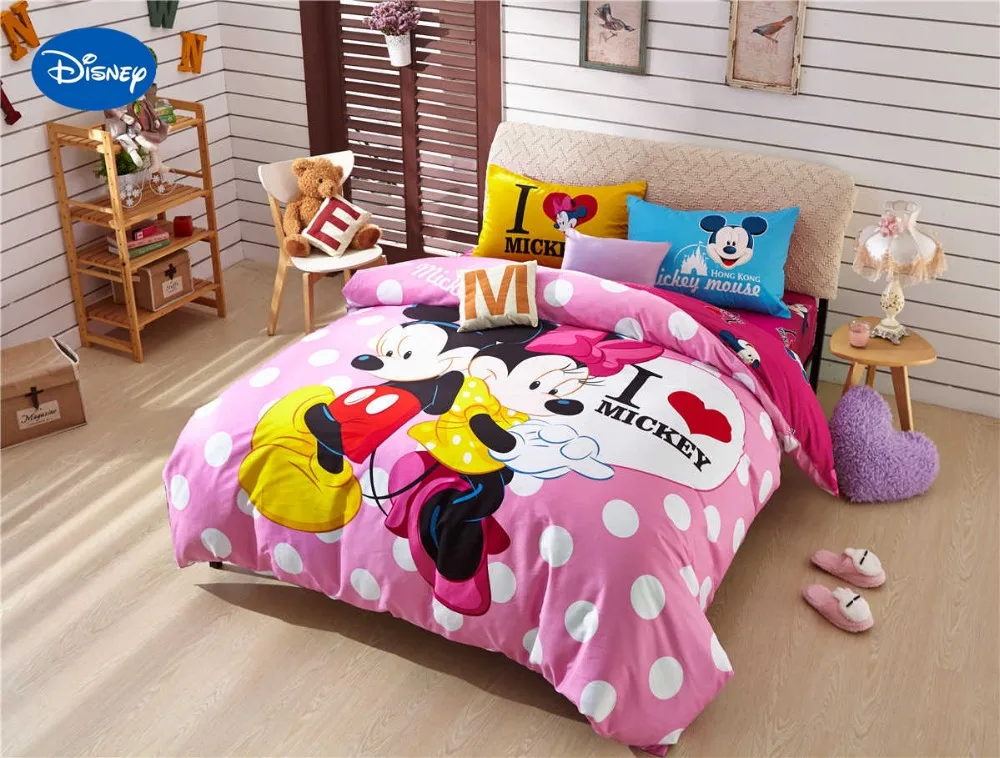 

Cartoon Disney Print Bedding Set Cotton Pink Polka Dot Mickey Minnie Mouse Comforter Sheets Duvet Cover Girls Bedroom Decor Twin