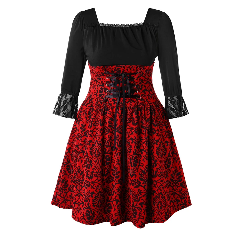 SexeMara Plus Size Square Neck Print Vintage Lace Up Dress Women Black Knee Length Rope Tied Slim Elegant | Женская одежда