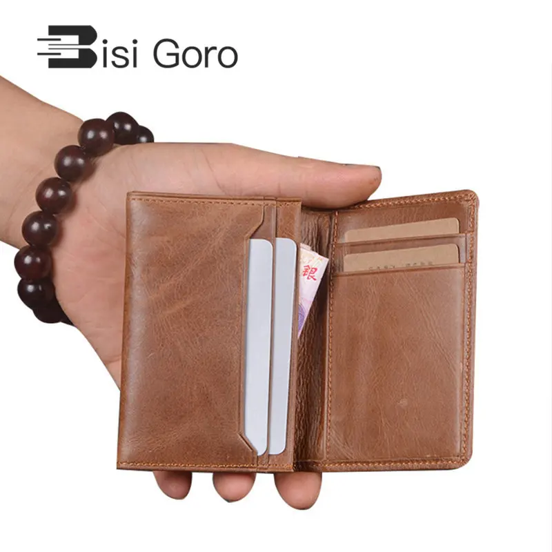 

BISI GORO 2019 RFID Brown Wallet Men Genuine Leather Card Holders Short Wallet Retro Business Credit Card Holders Coin Purses
