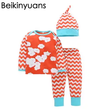 

Baby Girls Clothes Casual 3pcs (Hat+T-shirt, pants)Striped Leisure Kids Sets Flowers Printed Long-Sleeved Children' s Clothing