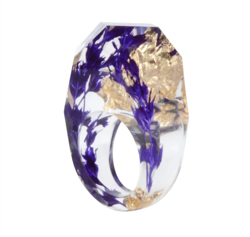 

RED SNAKE Fashion Pure Manual Branch with Blue color Flower Inside Transparent Resin multiple slice Ring for Women Men Rings