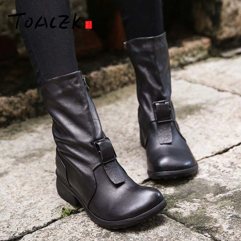 

Winter new wedge heel boots female casual leather simple thick with round head single boots