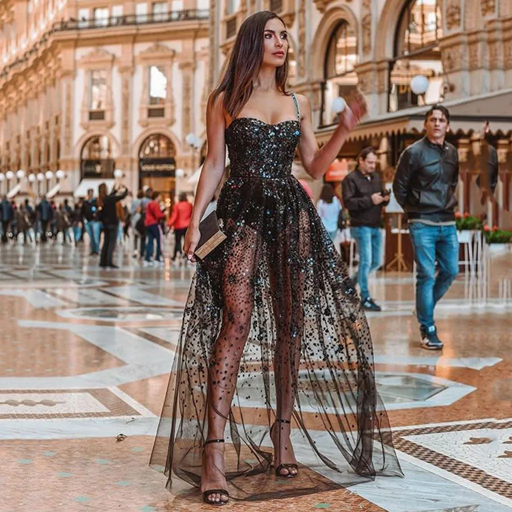 

2019 NEW Fashion Party Dress Women's Sexy V-Neck Sequined Camisole Casual Solid Sleeveless Asymmetrical Band Long Dress Freeship