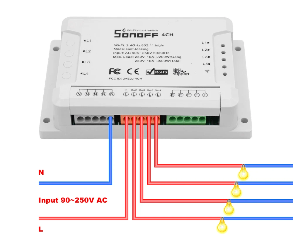 Itead Sonoff 4CH R2 умный Wifi переключатель 4 банды умный дом пульт дистанционного управления светильник переключатель din-рейка реле работает с Alexa Google Home