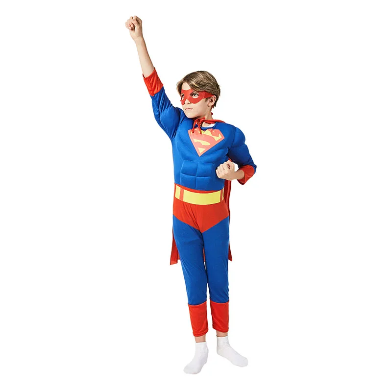 Cena Kompletny dziecko klasyczne mięśni Superman kostium chłopcy Halloween Superhero Cosplay Fancy sukienka dla dzieci sukienka na karnawał up