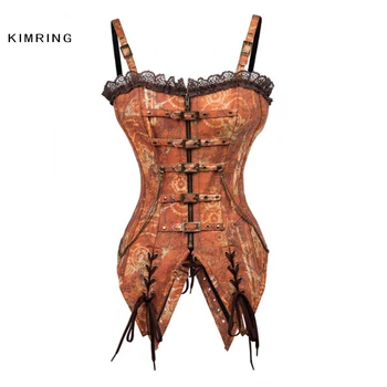 

Kimring Sexy Women's Steel Boned Overbust Corset Steampunk Lace Waist Cincher Corset Both Side Metal Chain Body Shaper Corselet