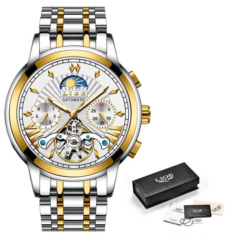 LIGE новые роскошные золотые автоматические механические мужские наручные часы мужские водонепроницаемые часы для дайвинга светящиеся часы из нержавеющей стали Tourbillon Мужские часы - Цвет: Gold white