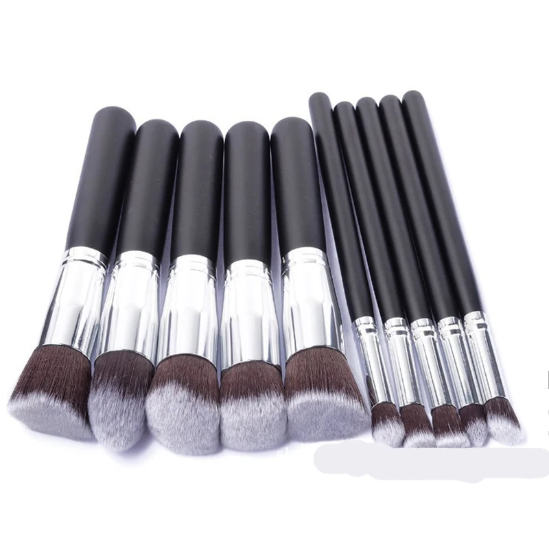 Silver Make Up Brushes Tool 10 PCS Makeup Brushes Set Classic Matte Black Makeup Brush Set