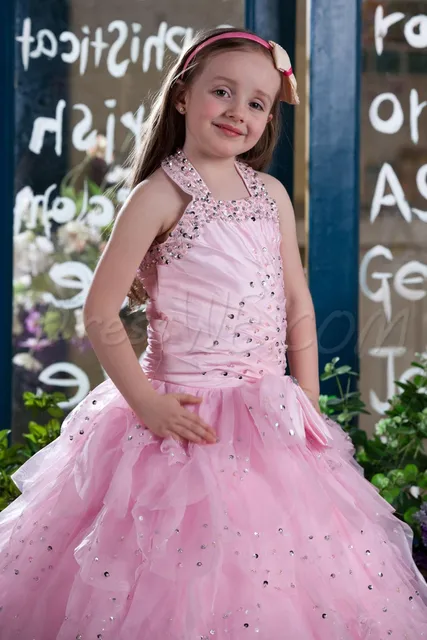 Best price at $101 Cheap Shiny Crystal Flower Girl Dress Hollow Appliques Crystal Ruched First Communion Dresses Halter Little Princess Tulle Ball Gowns