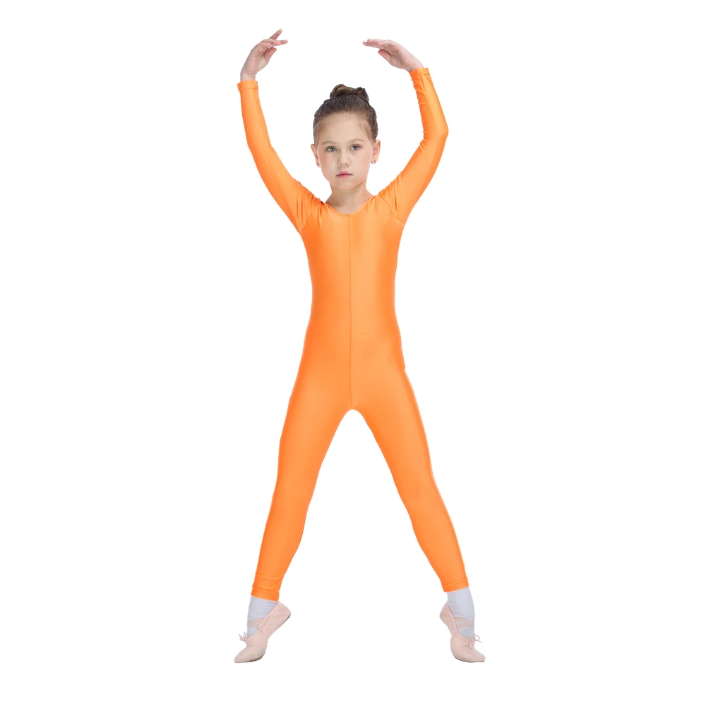 Балетные костюмы оранжевого цвета из блестящей ткани с длинными рукавами для детей и девочек, танцевальный И Гимнастический комбинезон
