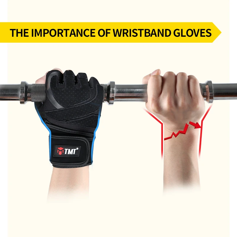 TMT Gym Gloves Anti-slip With Wristband Sports Weight Lifting Gloves Body Building Deadlift Training Fitness Protect Workout