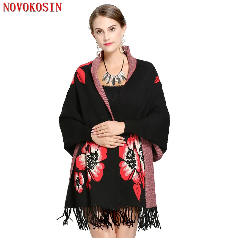 

SC232 2018 Fashion Open Stitch Capes Lady Knitted Tassel Floral Poncho Autumn Winter Casual Bat Sleeves Pattern Cardigans