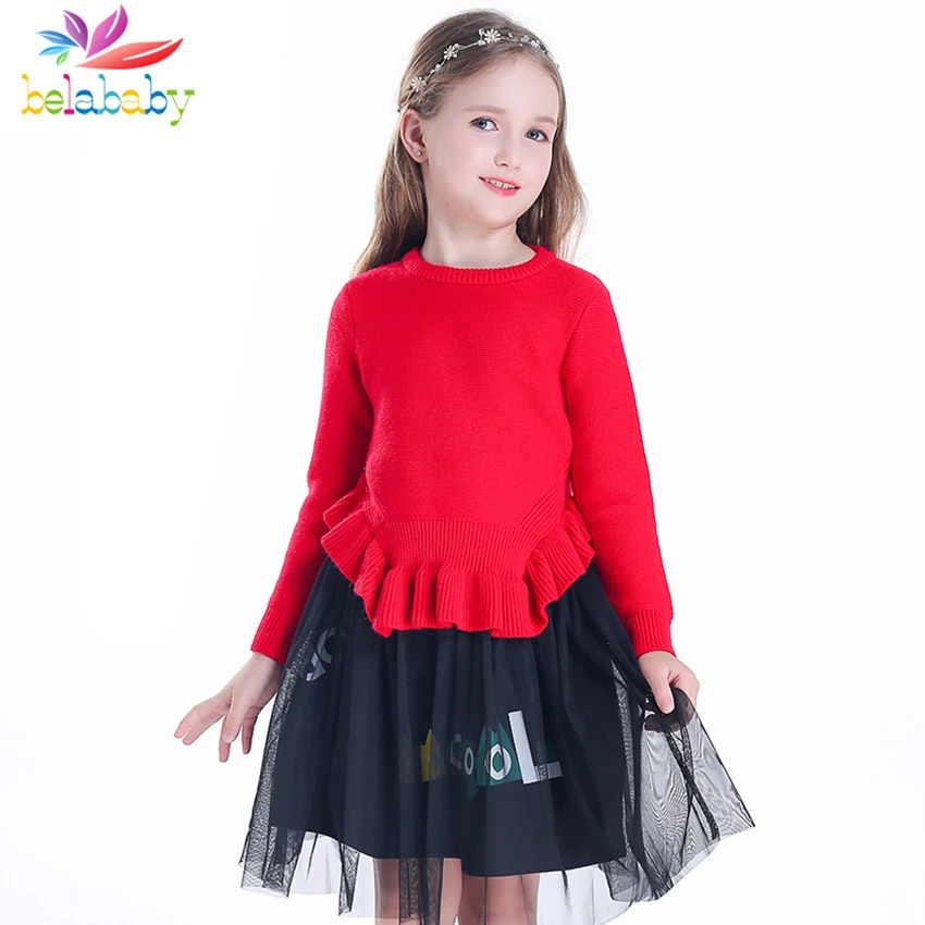 

Belababy Toddler Girls Suits 2018 Autumn Long Sleeve O-Neck Frill Soild Sweater+Two-layer Mesh Skirt 2PCS Children Clothes Set
