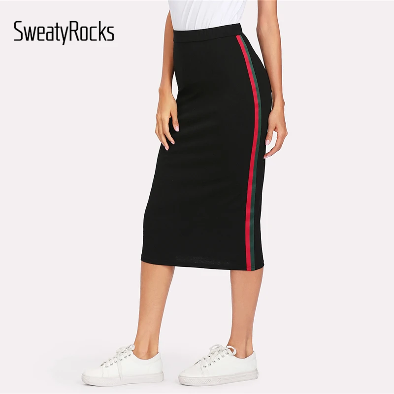 SweatyRocks Striped Tape Side Skirt Black Women Knee Length Elegant