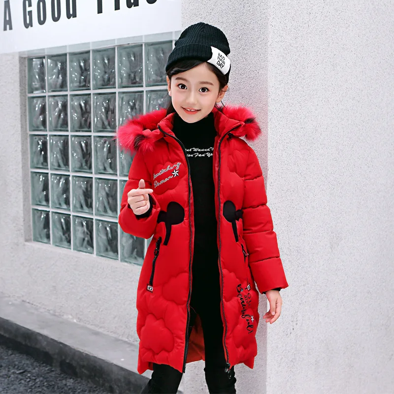 

New kids winter jacket girls coat Detachable cap long down parkas warm clothing animal printed 4-10Years children cotton jackets