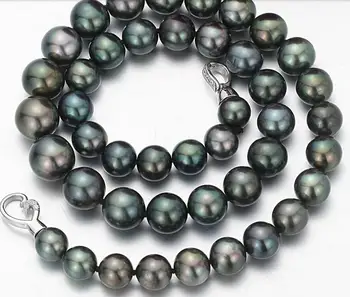 

free shipping stunning round 10-11mm black green pearl necklace 18inch