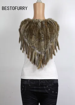 

Winter Fashion Vintage Women Real Natural Rabbit Fur Knit Shawl Wrap Tassels