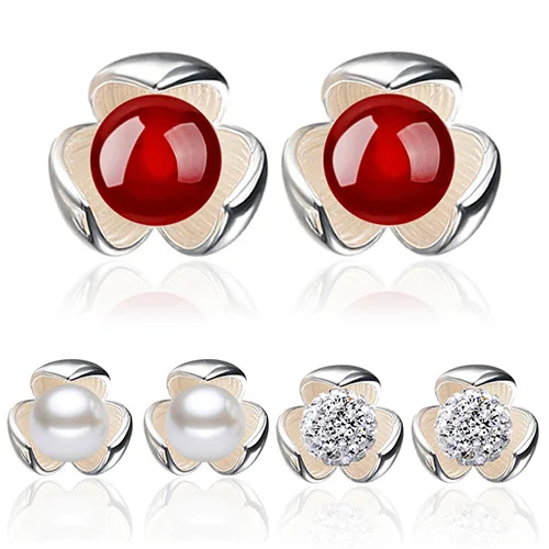 

Flower Silver Plated Ear Studs Rhinestone Red Ball Earrings Wedding Jewelry ARPM