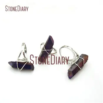 

10Pcs Cheap Wire Wrapped Silver Plated Faceted Pillar Ring Titanium Purlple White Quartz Ring Adjustable RM13005