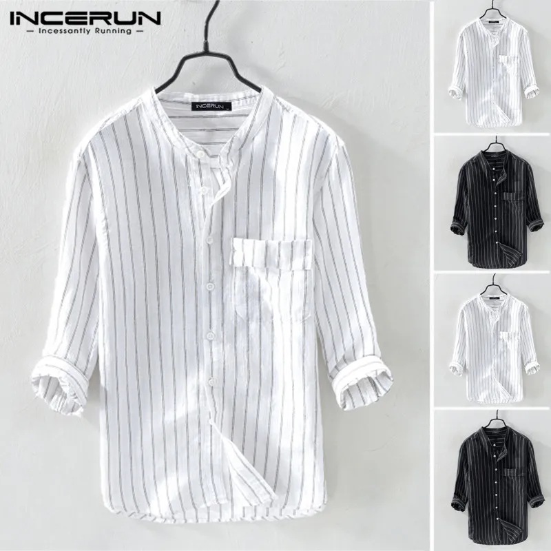 

INCERUN Men's Seven-point Sleeves 2019 Summer Thin Section Cotton Shirt Striped Collar Shirt Men's Casual Art Small Street Shirt