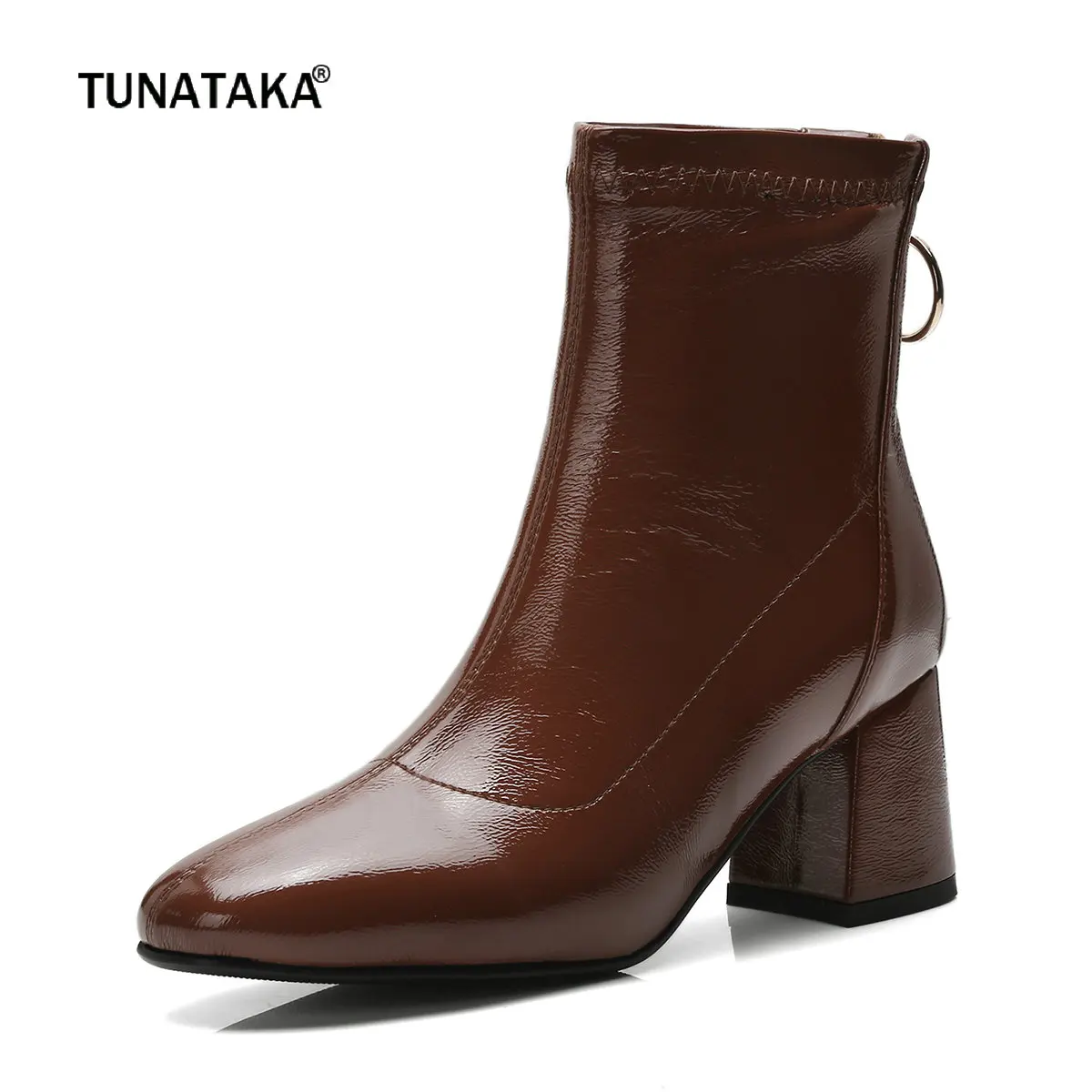 

Plus Size Women Square Toe Heel Boots Fashion Patent Leather Ankle Boots Thick High Heel Boots Zipper Autumn Winter Ladies Shoes