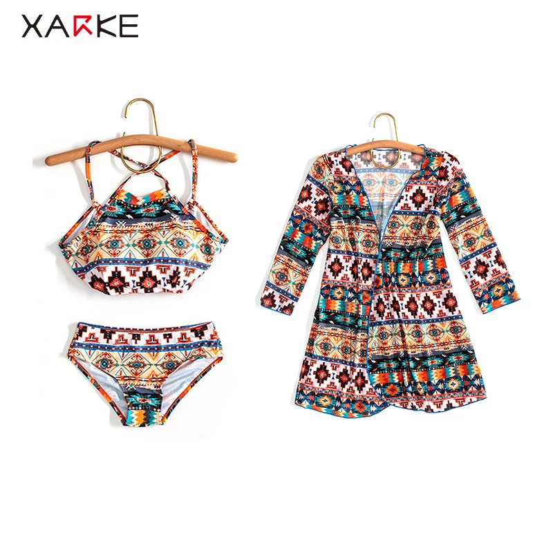 

XARKE 3 Pieces Strap Halter Bikini Set Beach Dress Cover Up Tunic Print Push Up Swimsuit for Women Female Swimsuit Girls Bather