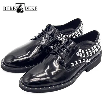 

Italy Handmade Mens Block Rivets Formal Shoes Yuppie Derby Footwear Big Size Party Luxury Low Heels Genuine Leather Dress Shoes