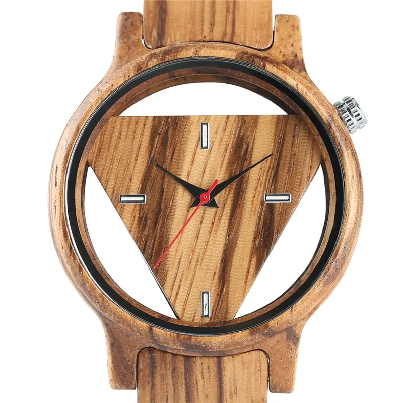 Unique Inverted Geometric Triangle Wood Watch Men Women Creative Hollow Dial Full Wooden Quartz Wristwatch Reloj 5