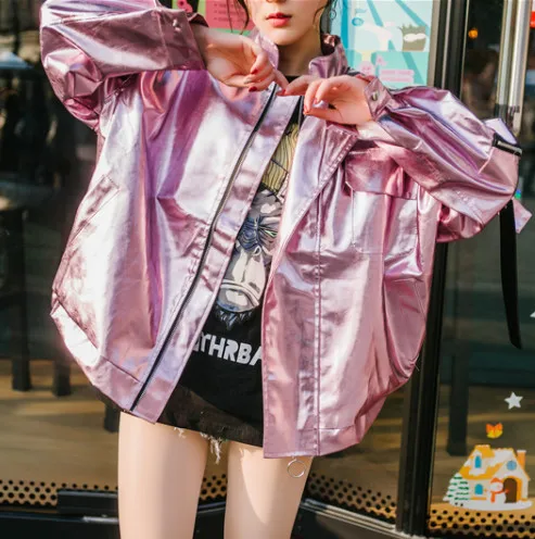 Cheerart, хип-хоп, более размера d, Серебряная Женская куртка из искусственной кожи, блестящее Свободное пальто, уличная одежда, куртки больших размеров, пальто в стиле рок-панк - Цвет: Розовый
