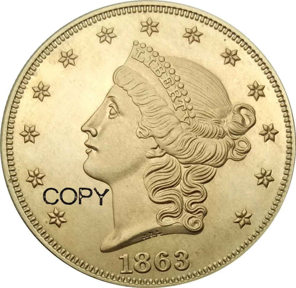 США 1863 S 20 долларов золотые монеты Liberty Head Double Eagle без девиза TWENTY D. Латунные реплики