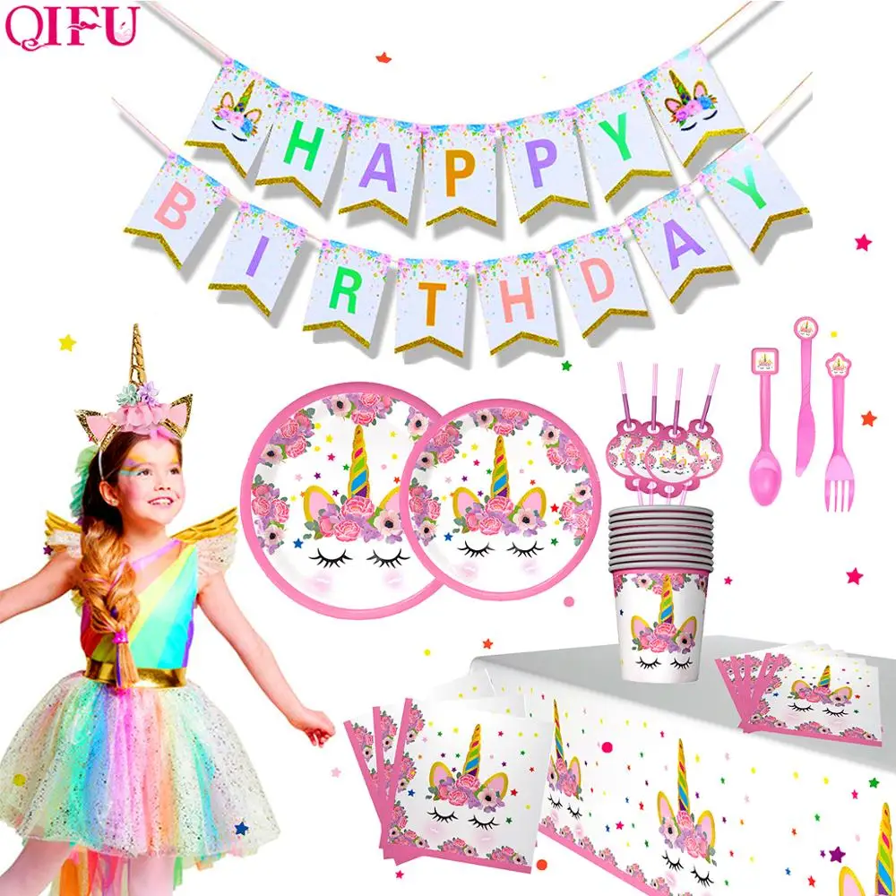 

QIFU Unicorn Plate Cup Banner Fork Unicorn Birthday Party Decor Unicorn Party Supplies Unicornio Girl Set Baby Shower Gifts