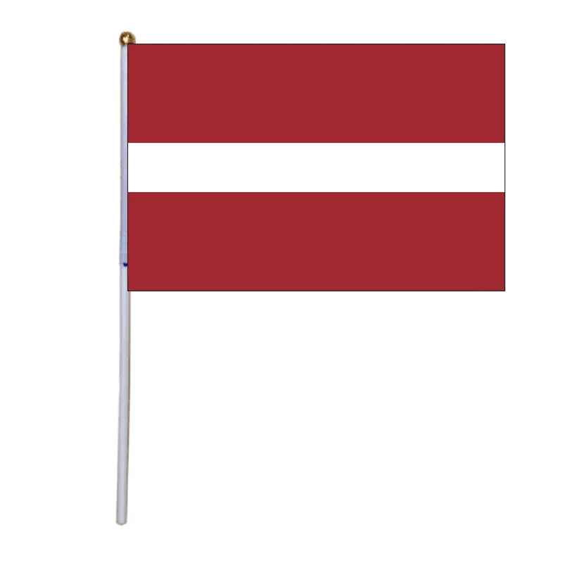 

free shipping xvggdg 100pcs Latvia Hand Waving Flag 14*21cm Latvia Small National Flags with Plastic Flagpoles