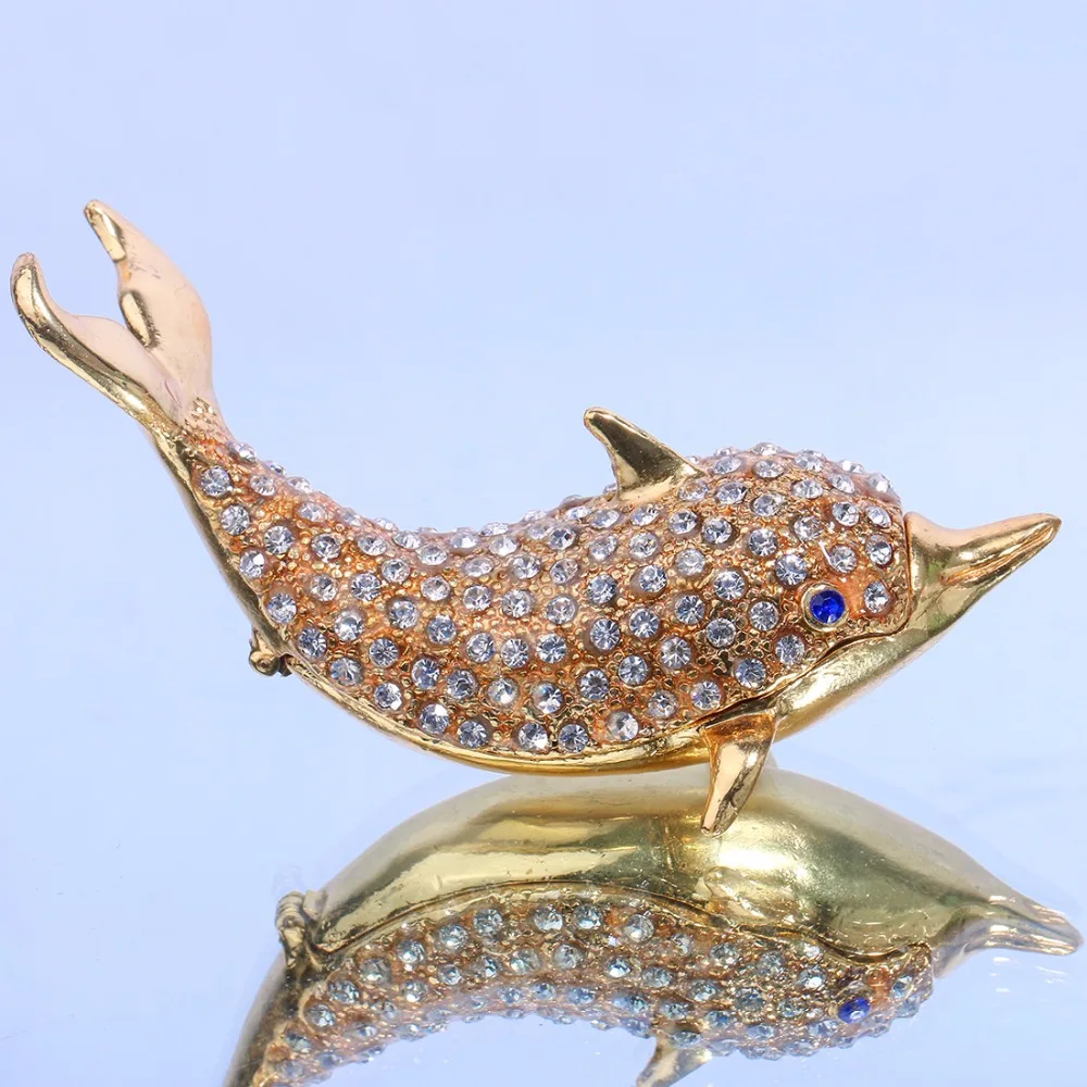 

H&D Dolphin Trinket Box With Crystals Hinged Ring Holder Small Bejeweled Jewelry Storage Animal Figurine Collectible Gift