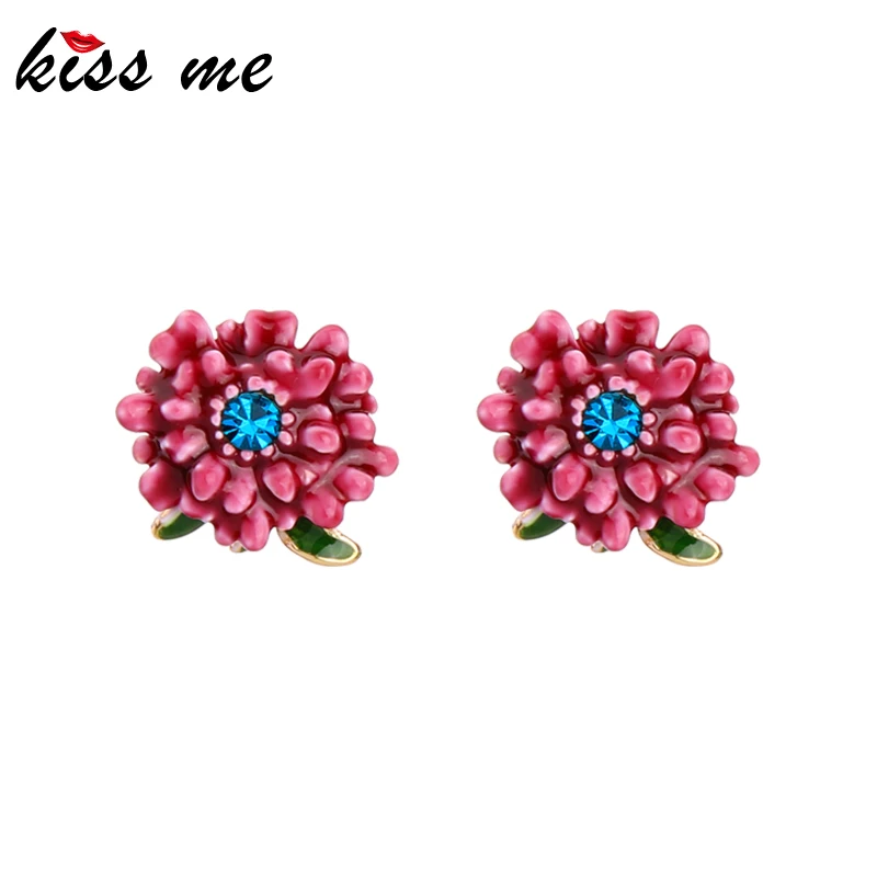 KISS ME яркий красный эмалированный цветок изысканный синий кристалл орнамент серьги гвоздики для женщин золотой цвет сплав серьги новые аксессуары