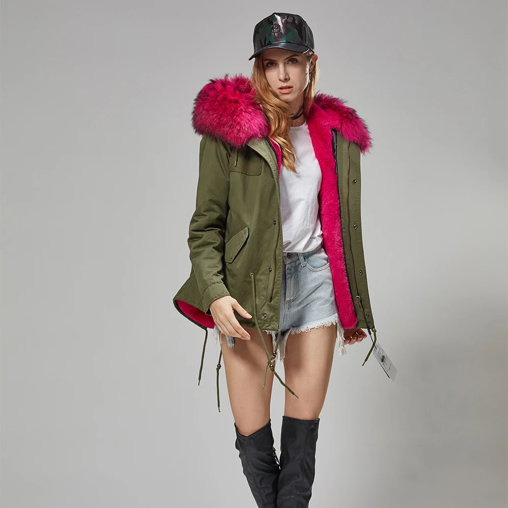 MAO MAO KONG 100% Real Raccoon Fur Collar winter fur coat Women camouflage black parkas & cotton faux fur coat jacket