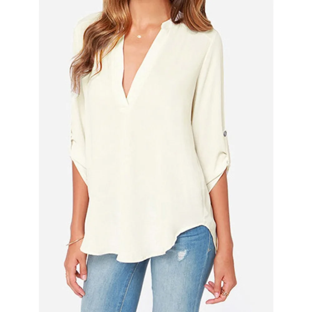 chiffon v neck plain roll up sleeve long sleeve blouse chiffon v neck plain roll up sleeve long sleeve blouse