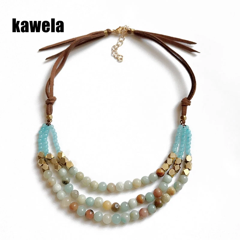 

Free Shipping New Design Fashion Three Layers Amazon Stone Brown Leather Necklace