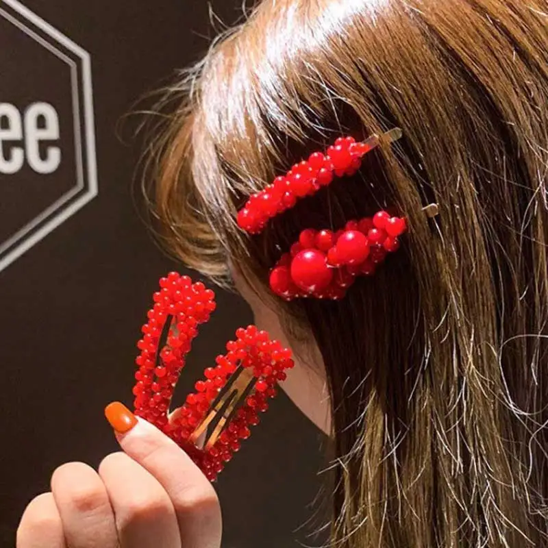 

Geometric Red Pearl Hairpins Women Metal Alloy BB Hair Clips for Girls Barrettes Headwear Hollow Hairgrips Hair Accessories