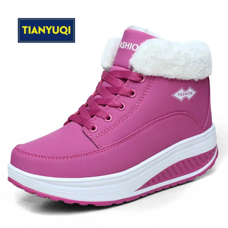 TIANYUQI Women Wedge High Increasing Walking Shoes Winter Keep Warm With Plush Flat Sneakers