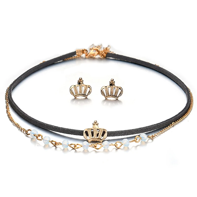1Set Sunflower Crown Shape Jewelry Set Fashion Necklace And Ear Studs Black Trendy Style Bead Rope Necklace Jewelry For Girls
