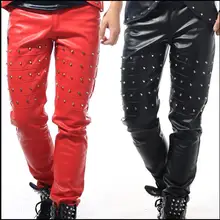 27-40 Для мужчин кожа Штаны ночной клуб бар DS прилив певцов для выступления костюмы Тонкий с заклепками в стиле панк штаны-шаровары Большие размеры Одежда