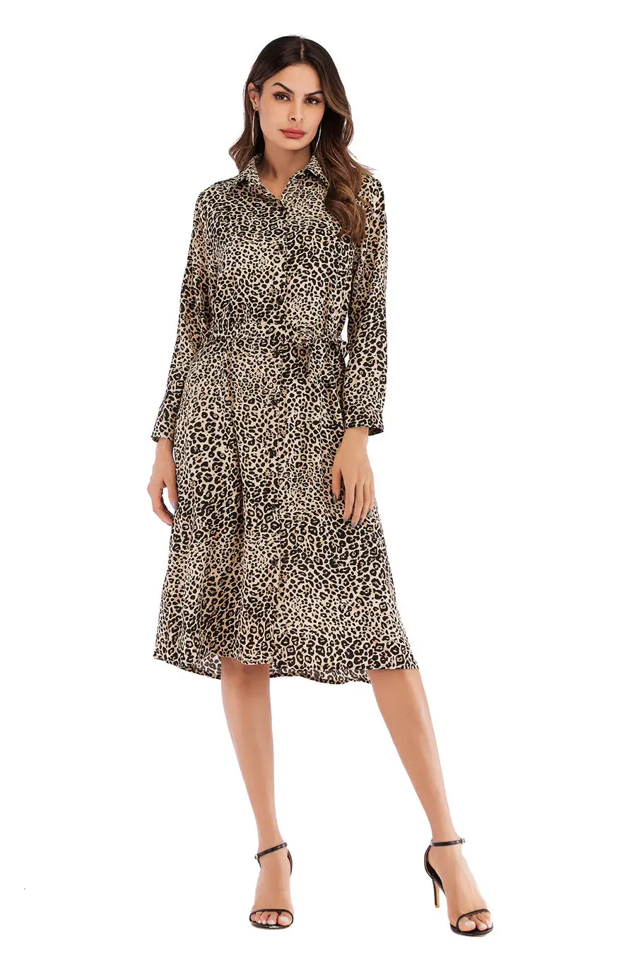 Gladiolus Chiffon Spring Dress Women 34 Sleeve Turn-Down Collar Leopard Print Belt Women Shirt Dress 2019 Autumn Sexy Dresses (38)