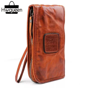 

Vintage Plicated Designer Genuine Leather Zipper Closure Men's Large Clutch Wallet Male Wristlets Bag Man Long Style Card Purse